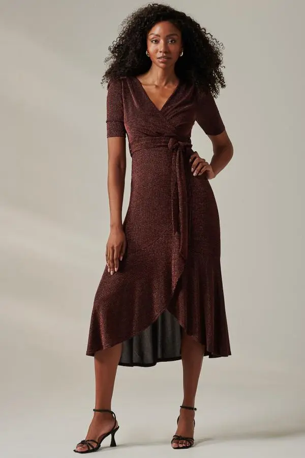 Jolie Moi Women's Metallic Tie Waist Wrapped Maxi Dress in Red 