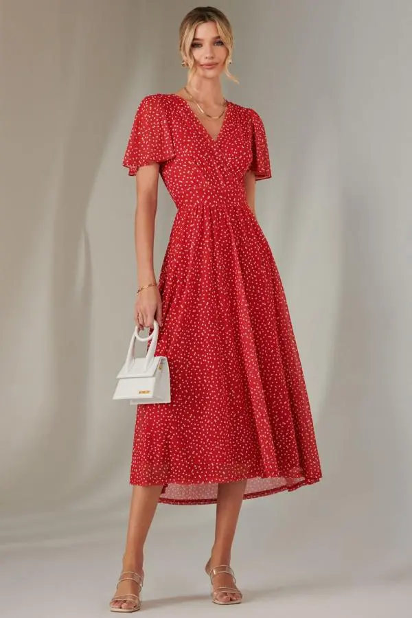 Jolie Moi Women's Angel Sleeve Wrap Bodice Mesh Maxi Dress in Red | Size: 10