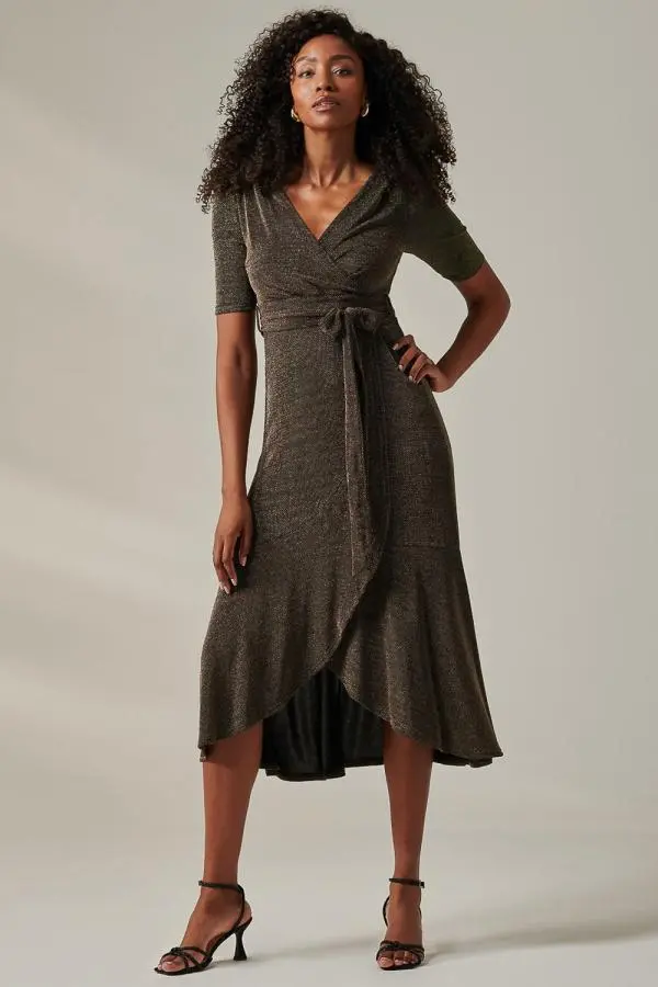 Jolie Moi Women's Metallic Tie Waist Wrapped Maxi Dress in Metallic Gold 