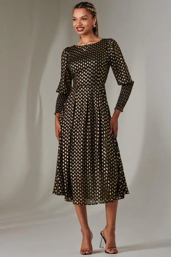 Jolie Moi Women's Puff Sleeve Gold Spotty Midaxi Dress in Black 