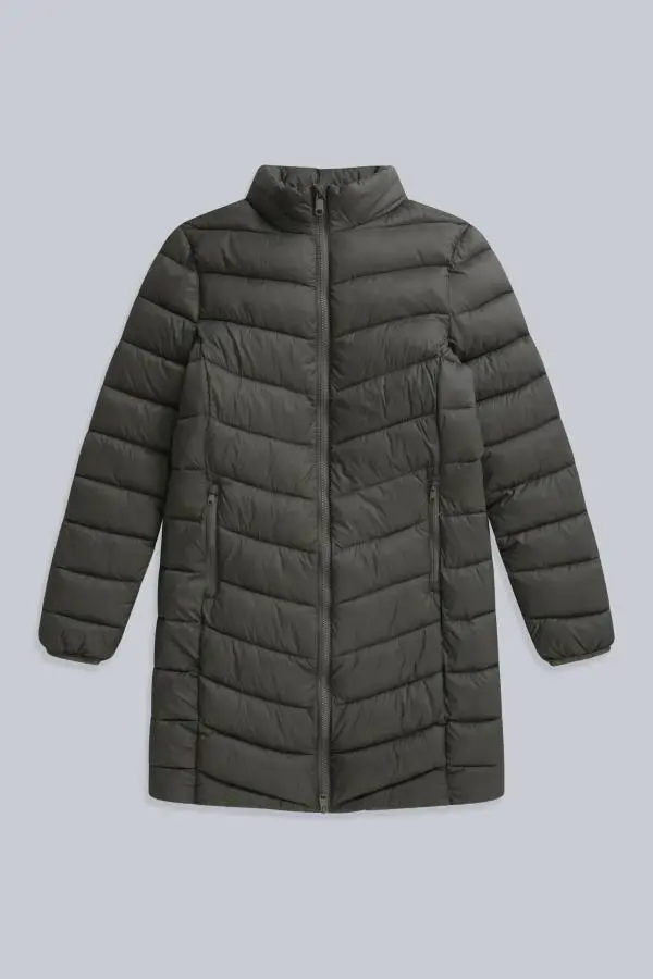 Animal Women's 'Frankie' Water Resistant Cosy Hood Padded Snug Fit Longline Jacket in Olive 