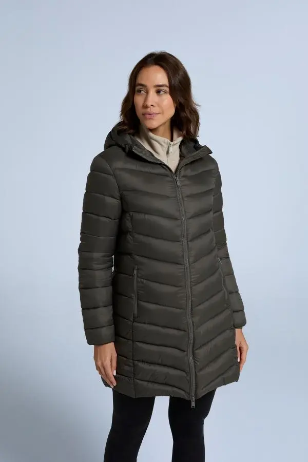 Animal Women's 'Frankie' Water Resistant Cosy Hood Padded Snug Fit Longline Jacket in Olive 