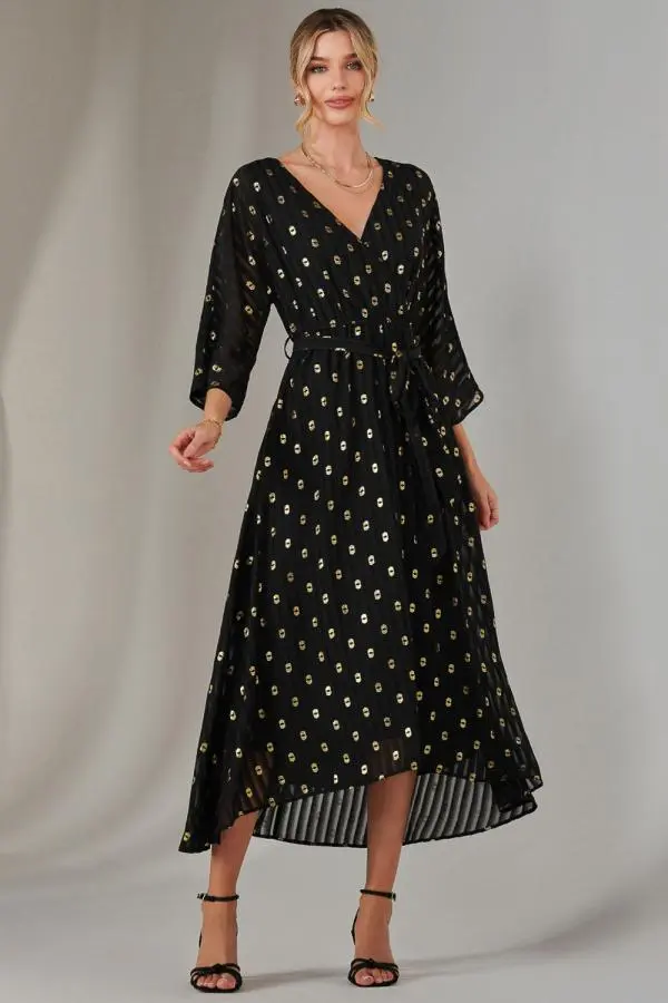 Jolie Moi Women's Plain Gold Spot Chiffon Dress in Black 