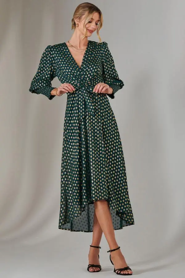 Jolie Moi Women's Metallic Spot Print Puffy Sleeve Maxi Dress in Dark Green 