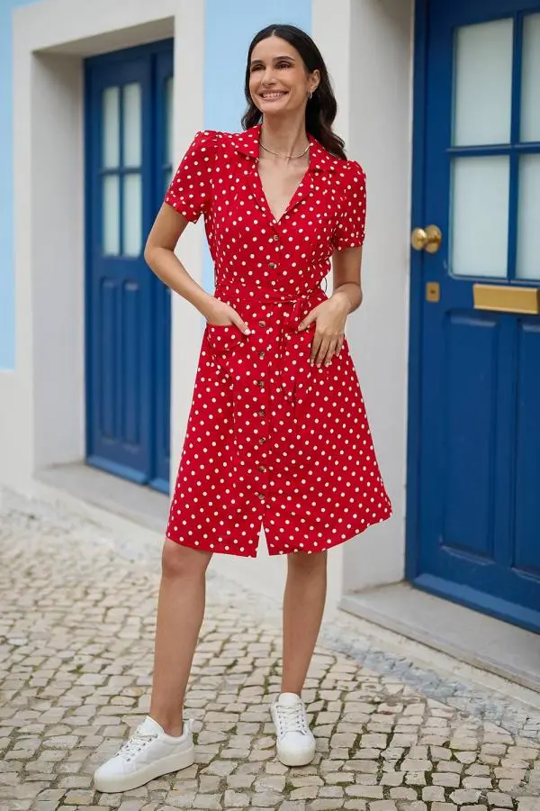 Yumi Women's Retro Shirt Polka Dot Dress in Red 