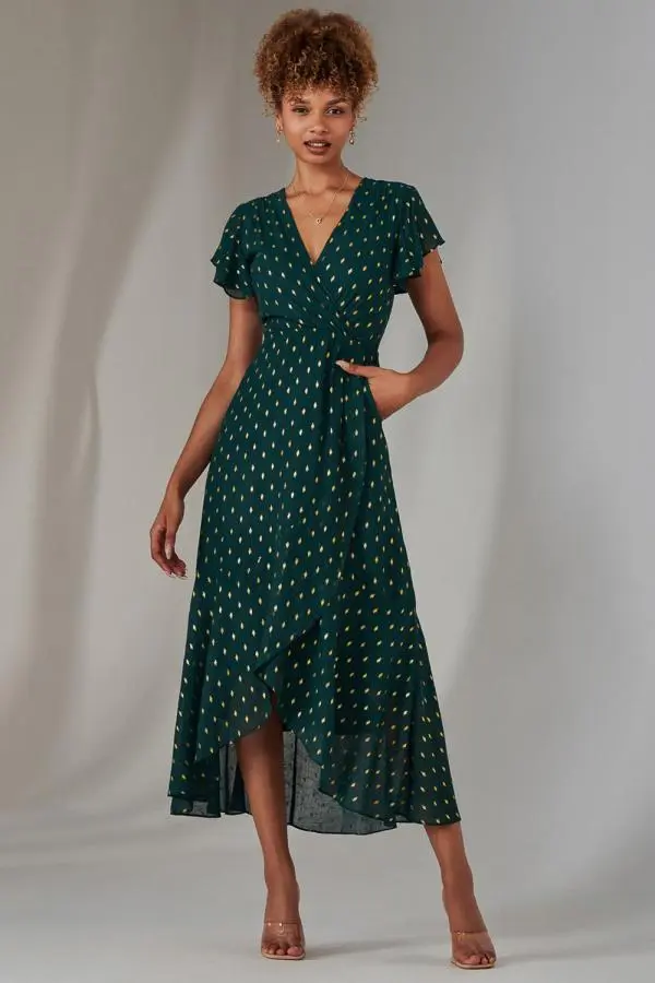 Jolie Moi Women's Metallic Spot Textured Chiffon Maxi Dres in Dark Green 