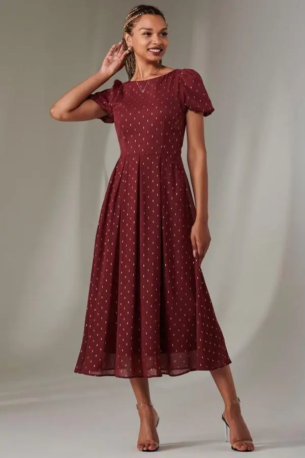 Jolie Moi Women's Metallic Spot Chiffon Midimix Dress in Burgundy | Size: 14