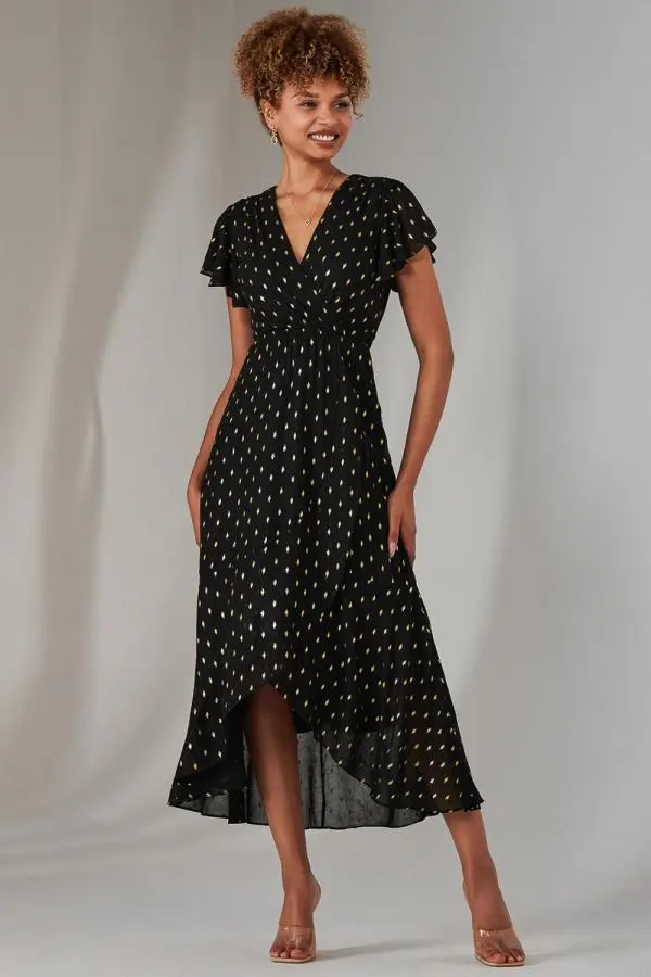 Jolie Moi Women's Metallic Spot Textured Chiffon Maxi Dres in Black 