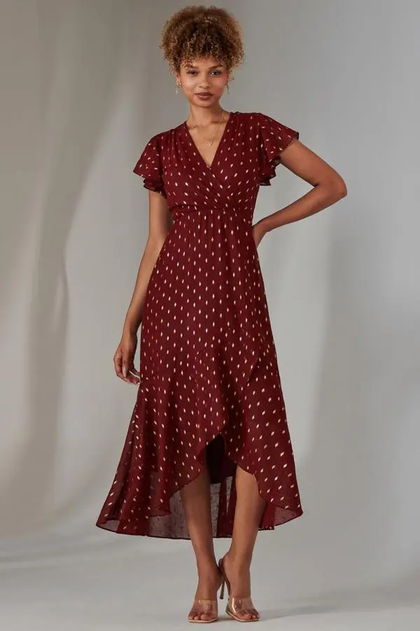 Jolie Moi Women's Metallic Spot Textured Chiffon Maxi Dres in Burgundy 