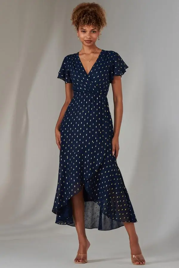 Jolie Moi Women's Metallic Spot Textured Chiffon Maxi Dres in Navy 
