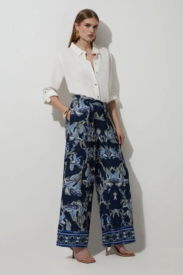 Tall Viscose Linen Mirrored Floral Woven Straight Leg Trouser