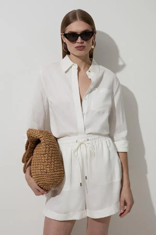 Viscose Linen Tie Waist Woven Short