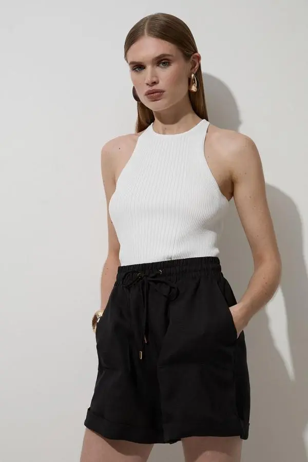 Viscose Linen Tie Waist Woven Short