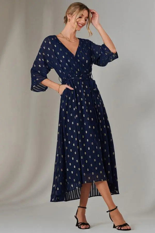 Jolie Moi Women's Plain Gold Spot Chiffon Dress in Navy 