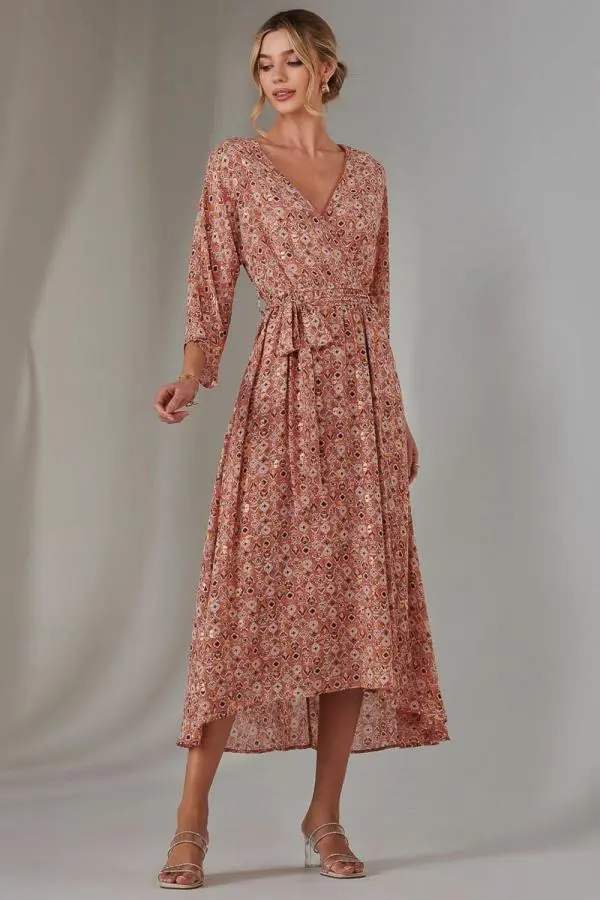 Jolie Moi Women's Gold Spot Printed Chiffon Maxi Dress in Orange 