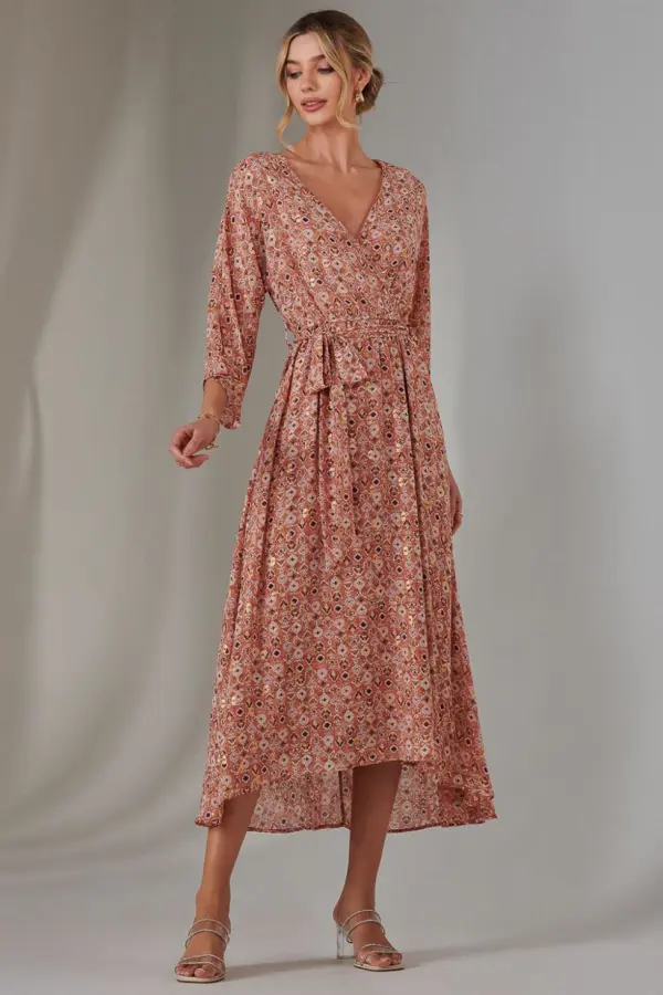 Jolie Moi Women's Gold Spot Printed Chiffon Maxi Dress in Orange 