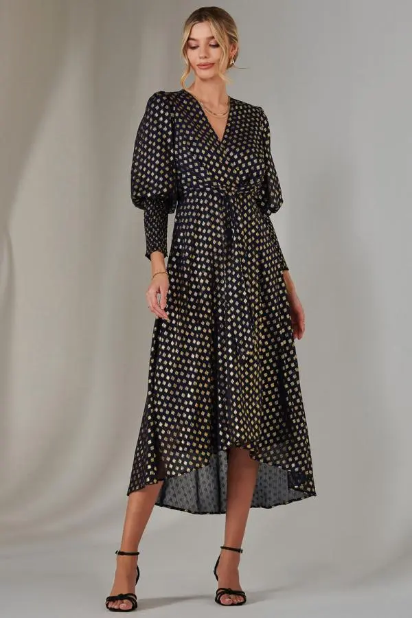 Jolie Moi Women's Metallic Spot Print Puffy Sleeve Maxi Dress in Navy 