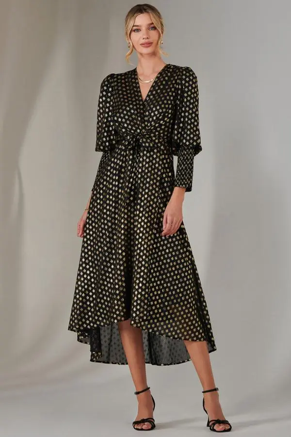 Jolie Moi Women's Metallic Spot Print Puffy Sleeve Maxi Dress in Black 