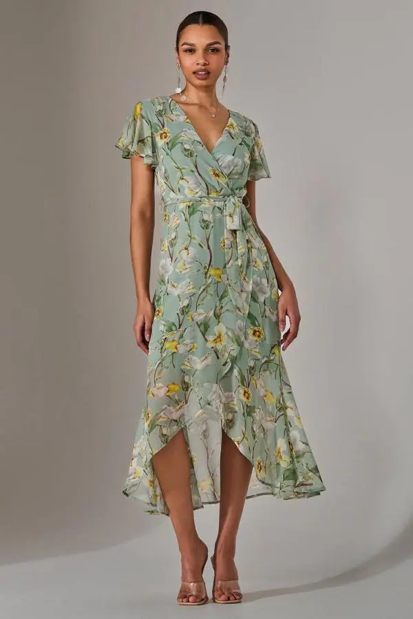 Jolie Moi Women's Chiffon Wrap Midi Dress in Teal 