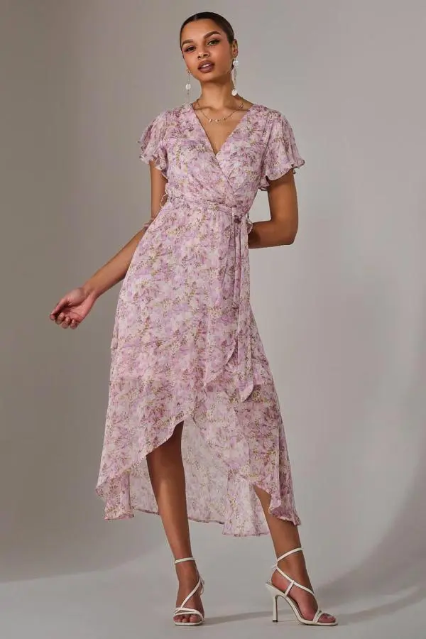 Jolie Moi Women's Chiffon Wrap Midi Dress in Light Pink 