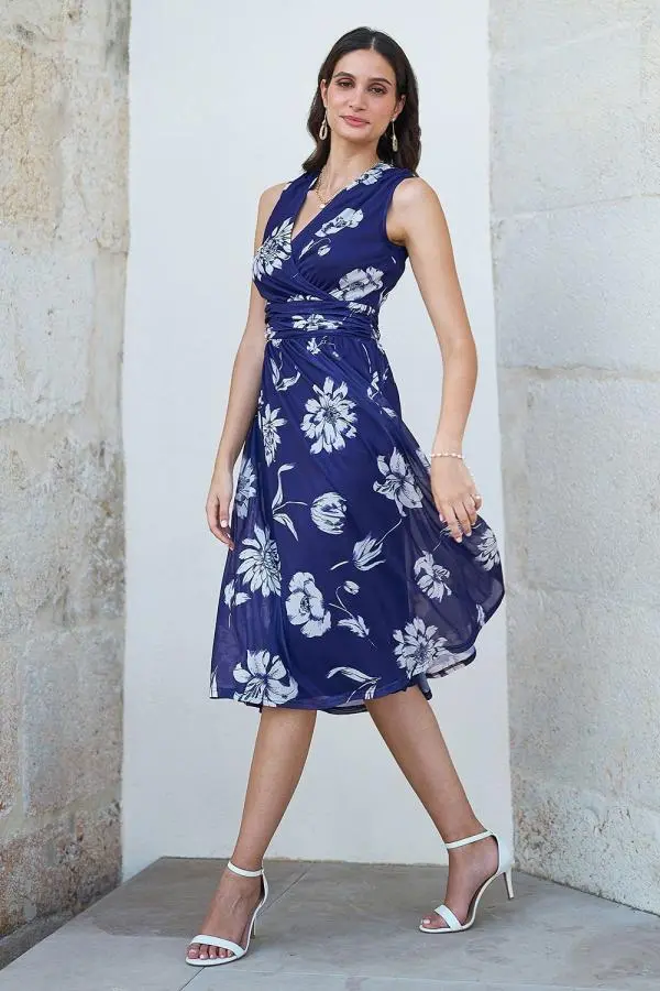 Yumi Women's Navy Floral Print Stretch Mesh Dress With Pockets | Size: 8