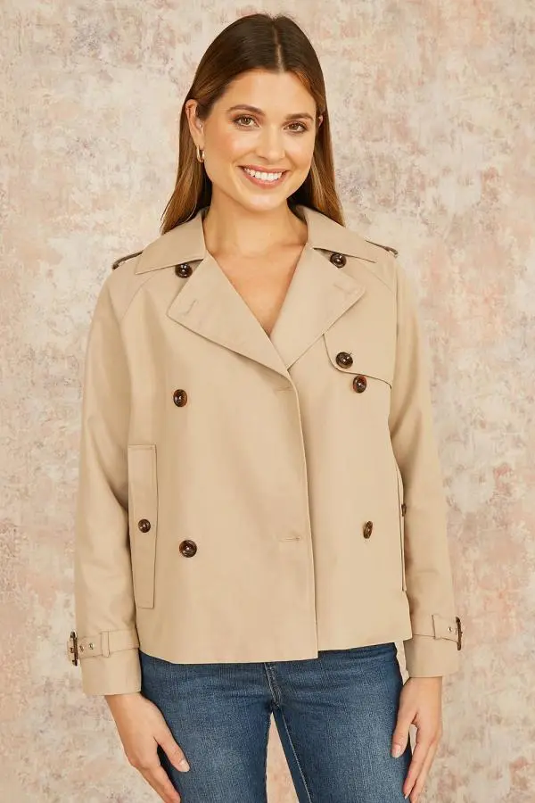 Yumi Women's Beige Cropped Trench Jacket With Pockets & Check Lining 