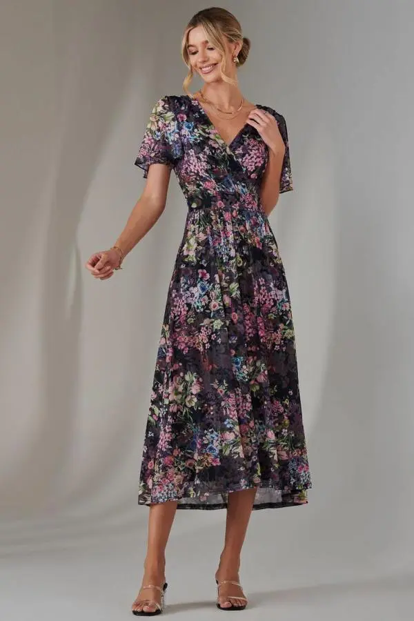 Angel Sleeve Wrap Bodice Mesh Maxi Dress