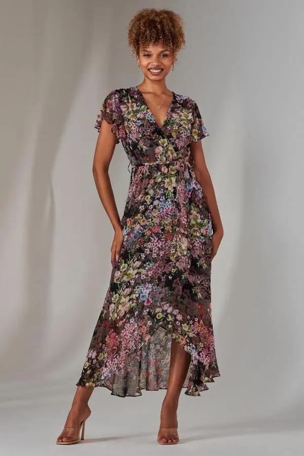 Jolie Moi Women's Chiffon Print Frill Dip Hem Maxi Dress in Black 