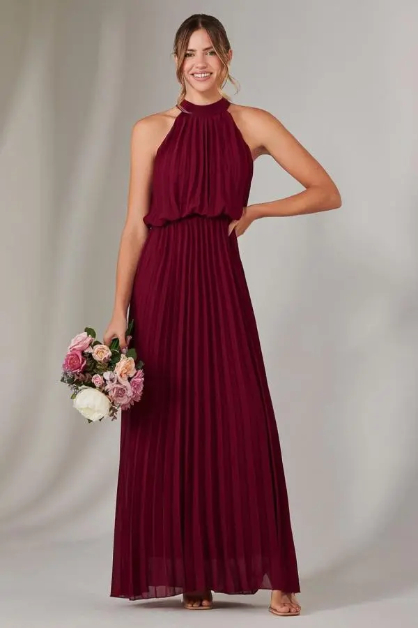 Jolie Moi Women's Pleated Bridesmaids Maxi Dress in Burgundy 