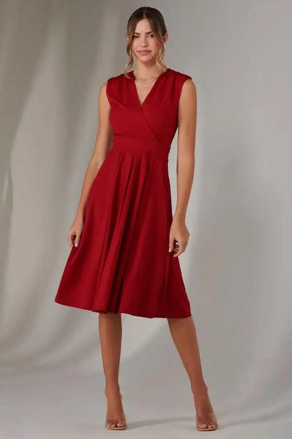 Jolie Moi Women's Plain Sleeveless Midi Dress in Burgundy 