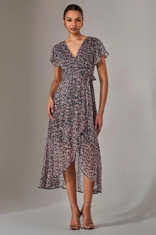 Jolie Moi Women's Chiffon Wrap Midi Dress in Dark Pink 
