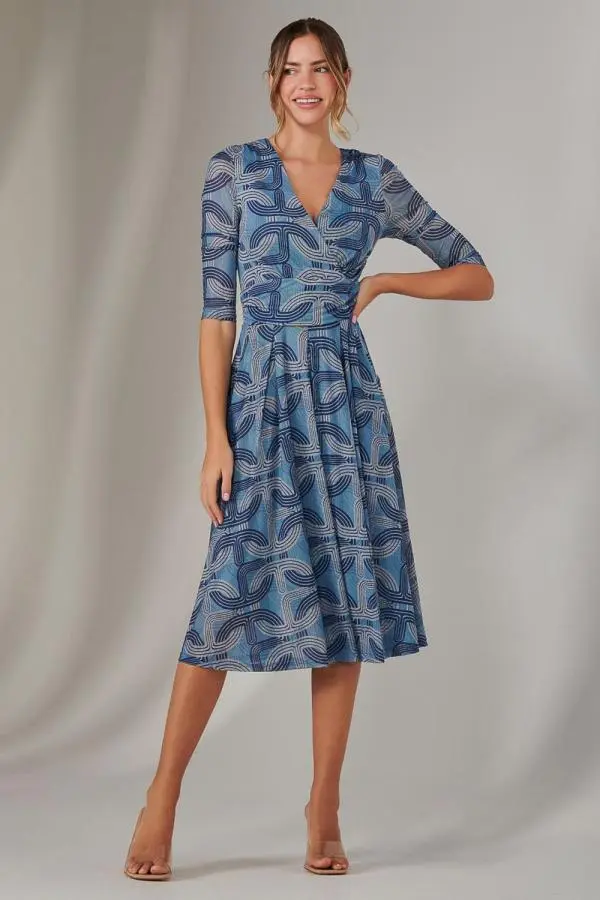 Jolie Moi Women's Mesh Wrap Midi Dress in Mid Blue 