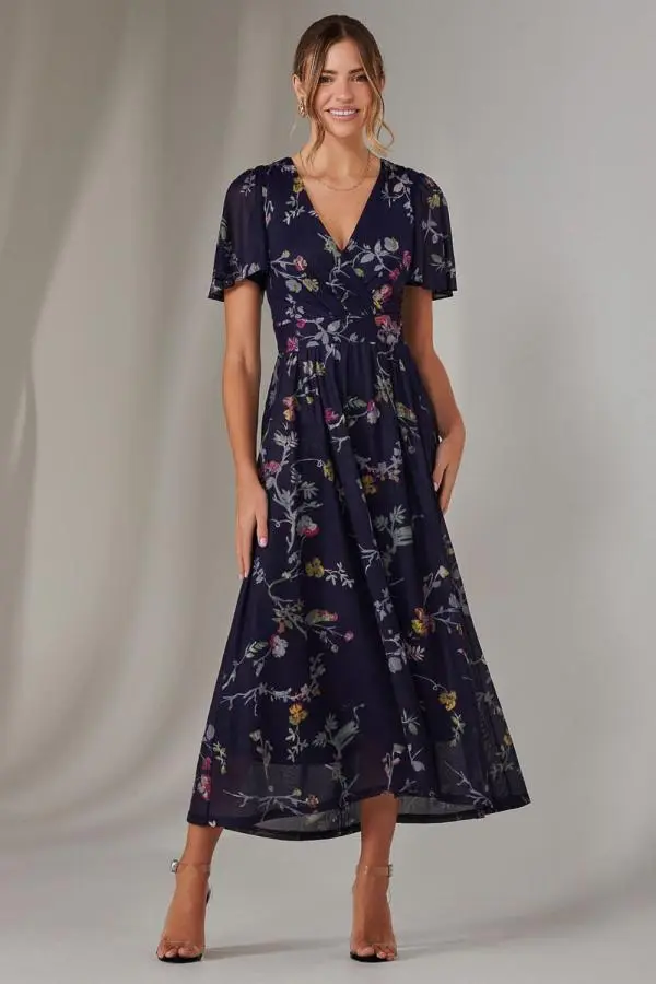 Jolie Moi Women's Mesh Short Sleeve Midaxi Dress in Dark Navy 