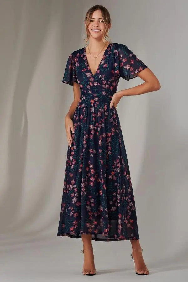 Jolie Moi Women's Mesh Short Sleeve Midaxi Dress in Navy 