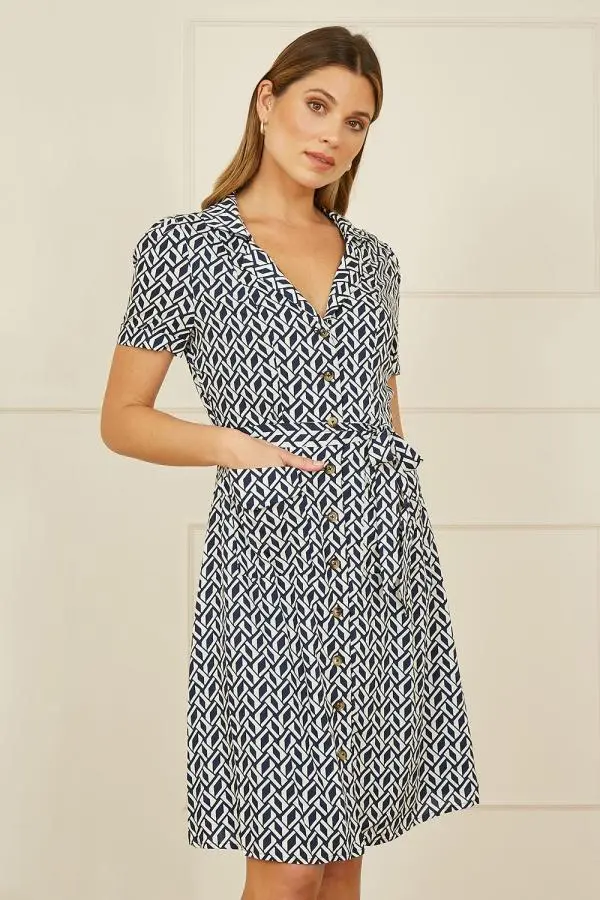 Navy Geo Print Retro Style Shirt Dress
