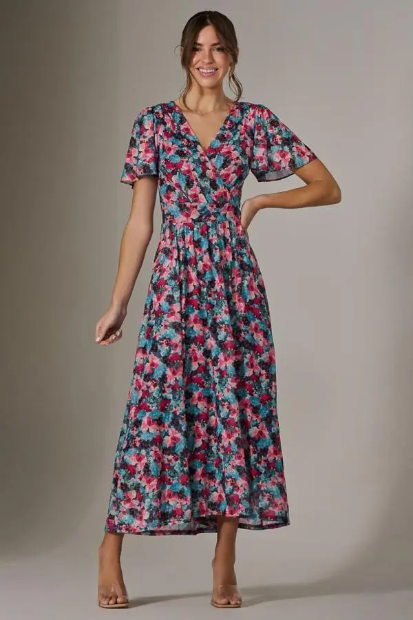 Jolie Moi Women's Gracelyn Wrap Front Mesh Maxi Dress in Teal 