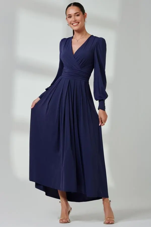 Jolie Moi Women's Long Sleeve Soft Silky Jersey Maxi Dress in Navy 