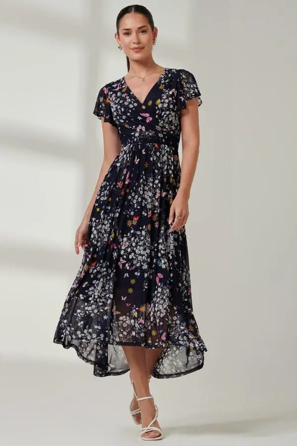 Jolie Moi Women's Wrap Dip Hem Mesh Maxi Dress in Dark Navy | Size: 10