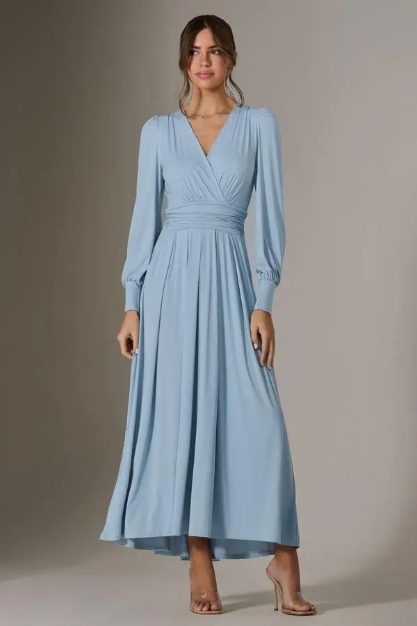 Jolie Moi Women's Long Sleeve Soft Silky Jersey Maxi Dress in Light Blue 