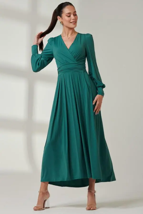 Jolie Moi Women's Long Sleeve Super Soft Jersey Maxi Dress in Light Green 