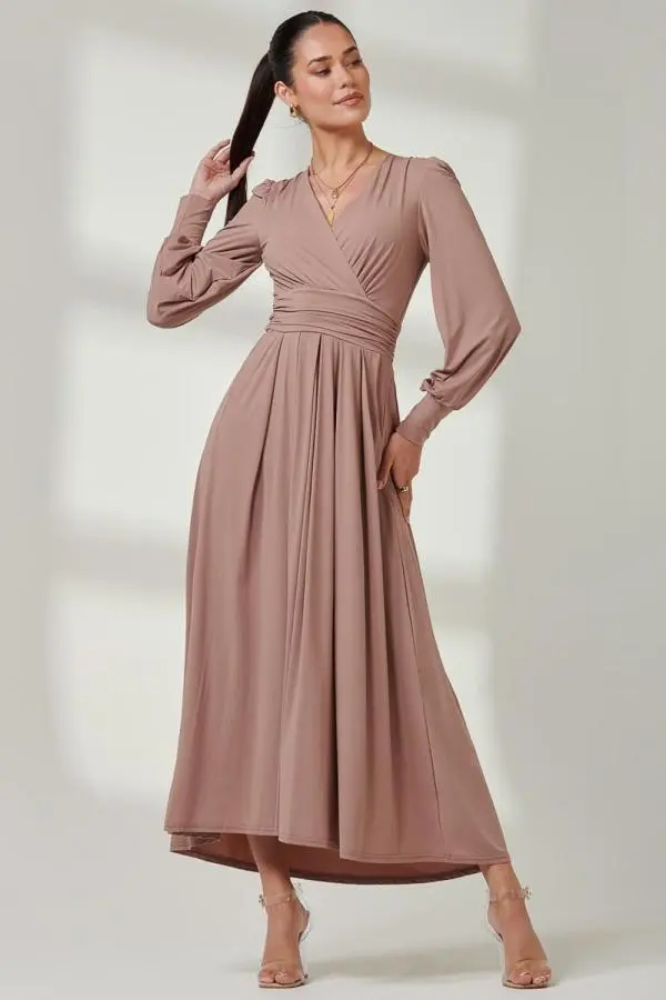 Jolie Moi Women's Long Sleeve Super Soft Jersey Maxi Dress in Taupe 