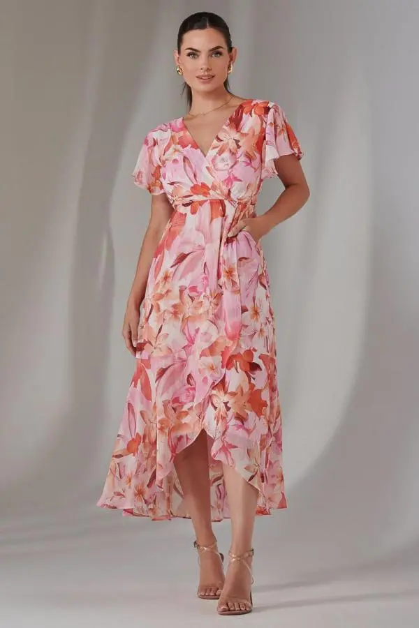 Jolie Moi Women's Petite High Low Midaxi Dress in Light Pink 