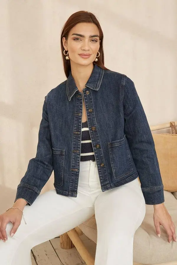 Yumi Women's Blue Denim Jacket With Patch Pockets 