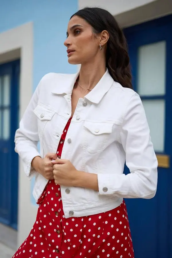Yumi Women's White Stretch Cotton Denim Jacket 