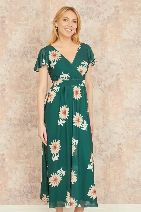 Yumi Women's Green Mesh Flower Wrap Midi Dress With Pockets 