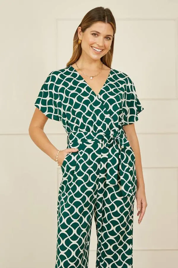 Yumi Women's Green Geometric Print Wrap Jumpsuit 