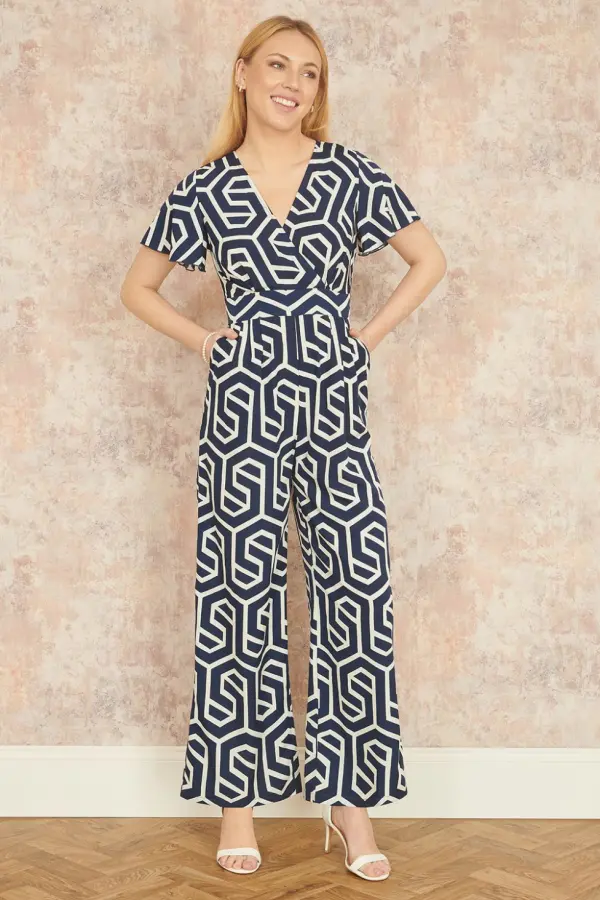 Yumi Women's Navy Oversize Geo Print Jumpsuit 