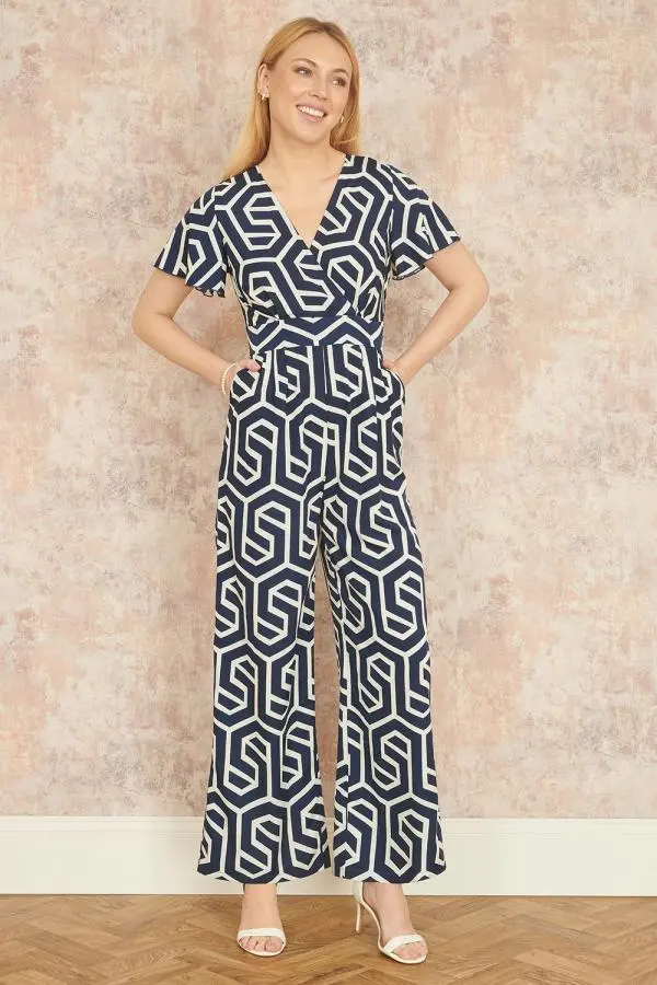Yumi Women's Navy Oversize Geo Print Jumpsuit 