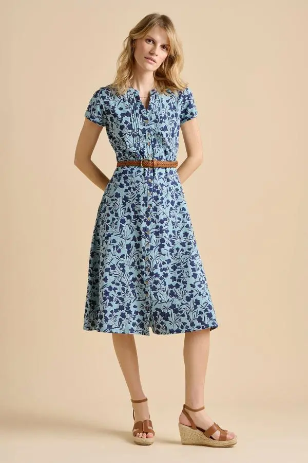 Brakeburn Women's Shadow Floral Midi Dress in Mid Blue | Size: 8