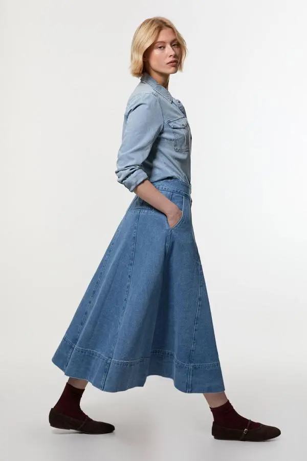 Denim High Waist Full Midi Skirt